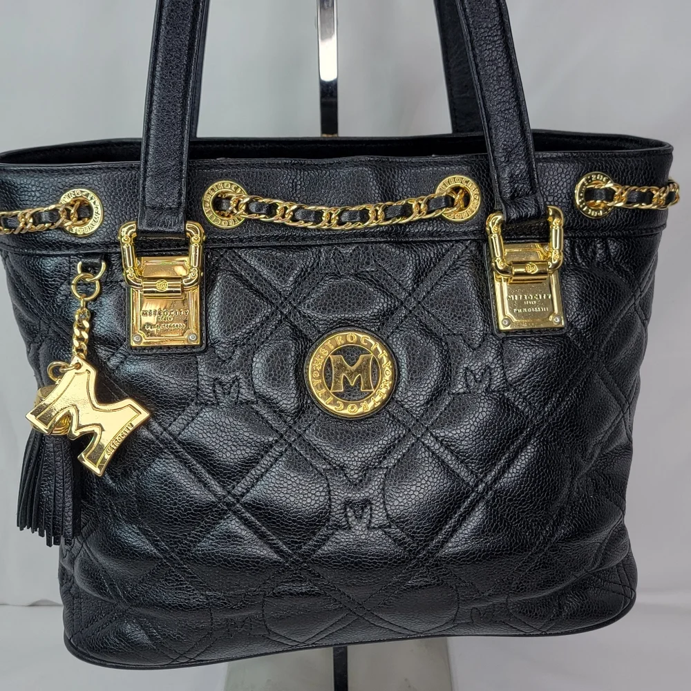 Metrocity Luxury Brand Black Quilted Tote‎ Bag with Gold Accents